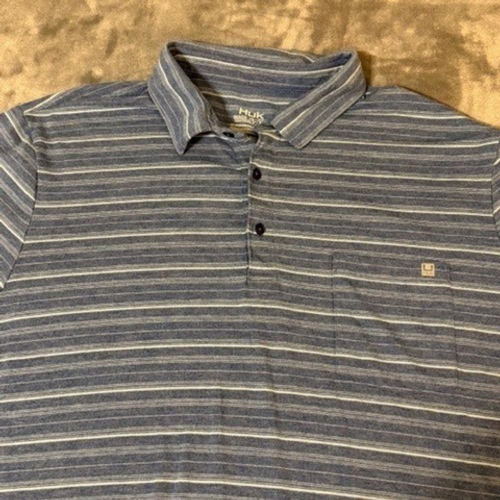 Huk Mens XXL Blue Striped Performance Short Sleeve Pocket Polo Shirt RN144273
